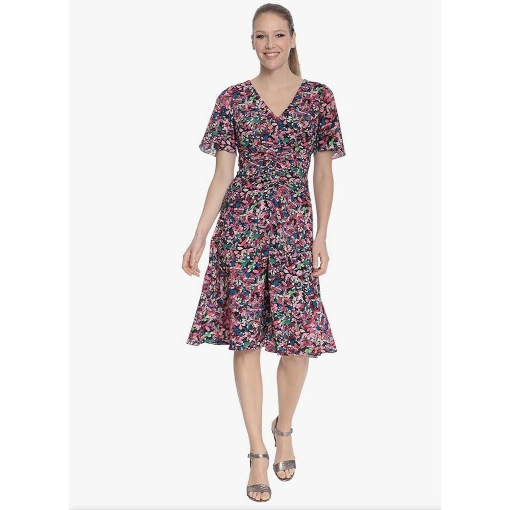 London Style Dress Floral V-neck short sleeve Womens SZ 8 Fit & Flare semi Sheer
